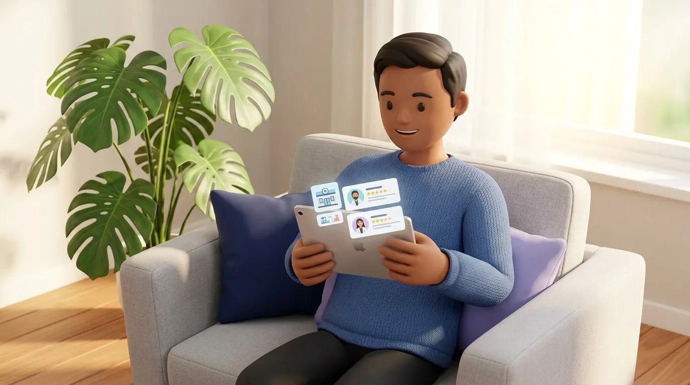 An Indian patient comparing verified physiotherapist profiles on a tablet from home.