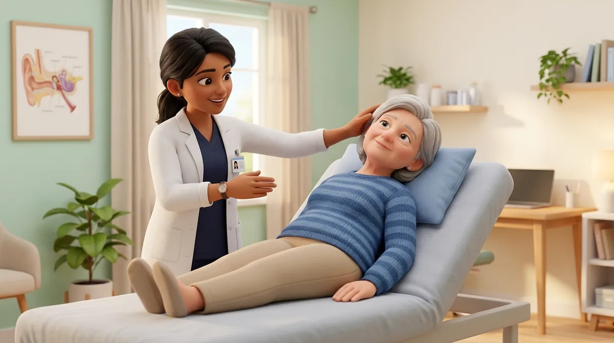 An Indian female physiotherapist performing a guided vestibular repositioning assessment for an elderly vertigo patient.