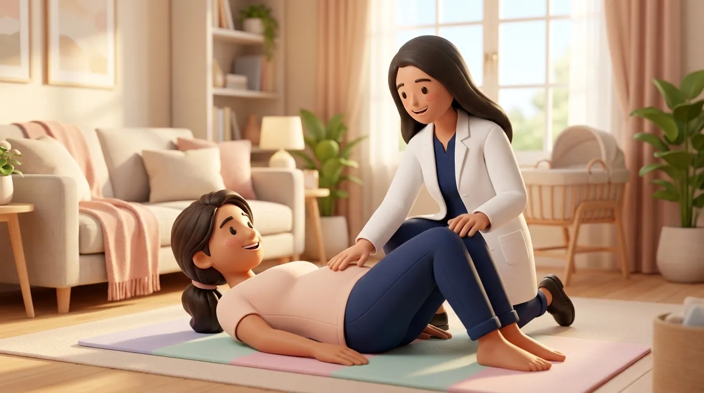 A female physiotherapist guiding a new mother through gentle postpartum mobility exercises in a sunlit living room.