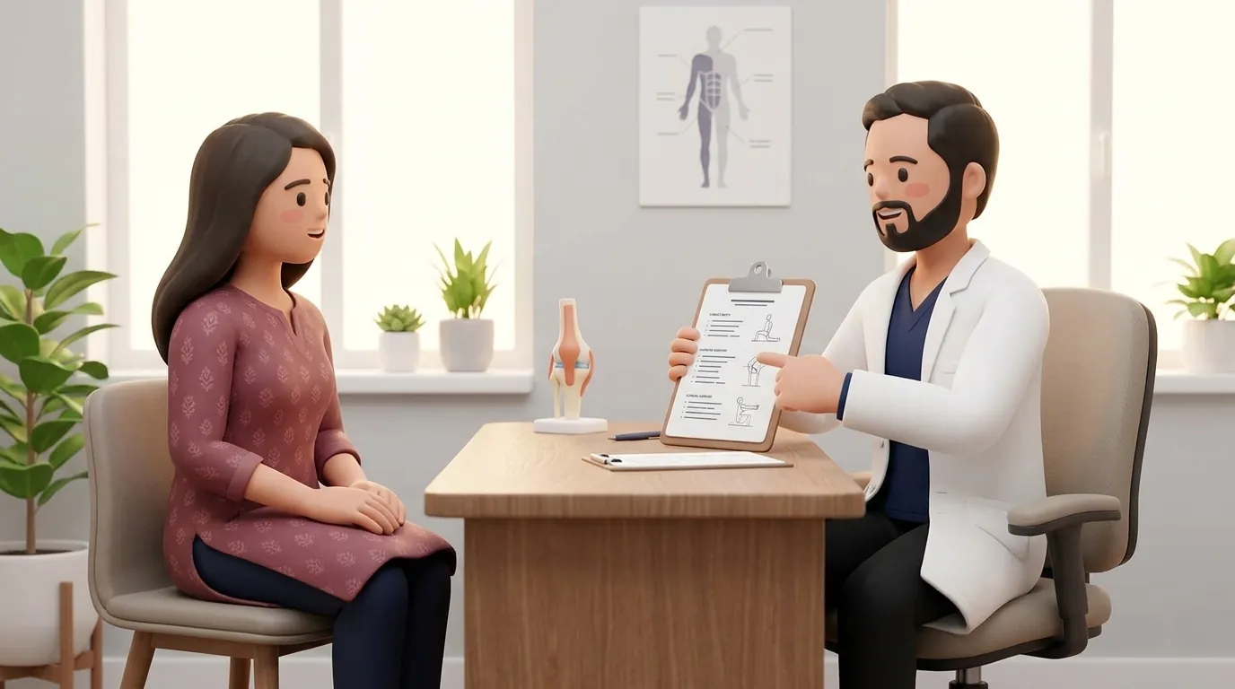A patient speaking comfortably with a physiotherapist about their recovery plan in a clinic.