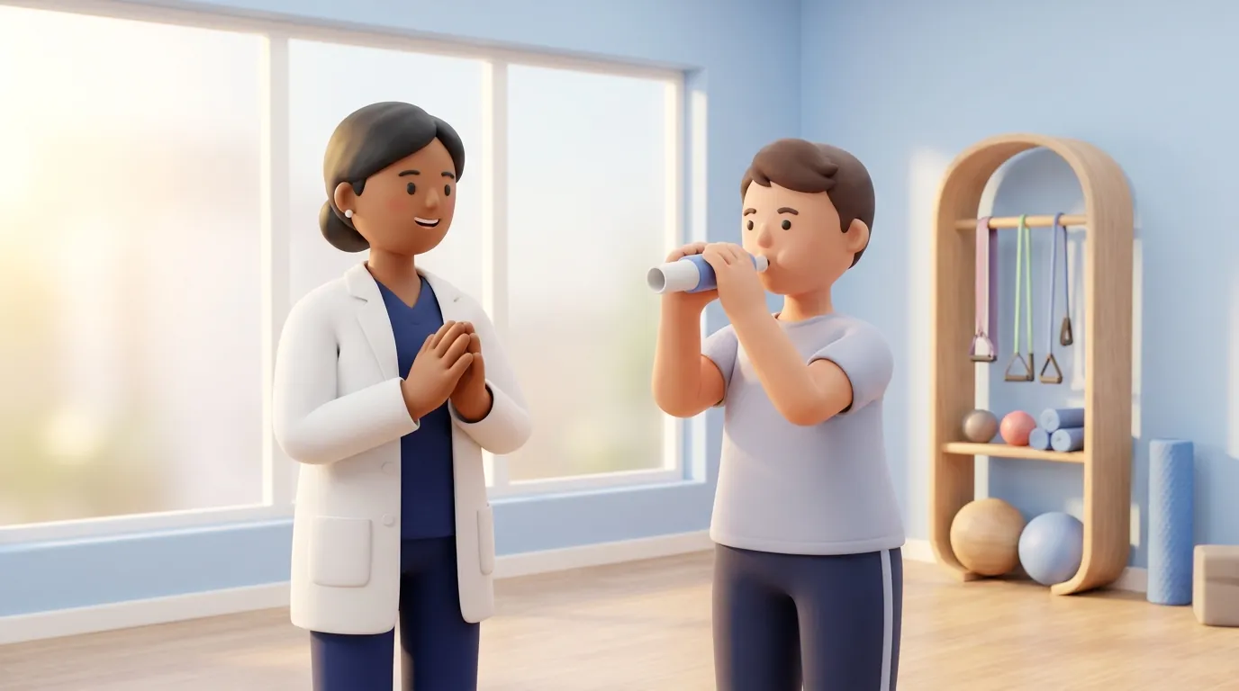An Indian patient practising diaphragmatic breathing and chest expansion with clinician guidance.