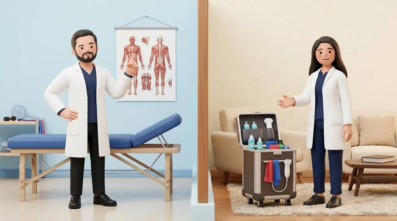 An Indian physiotherapist reviewing floor plans and clinical equipment budgets for a modern private outpatient clinic.