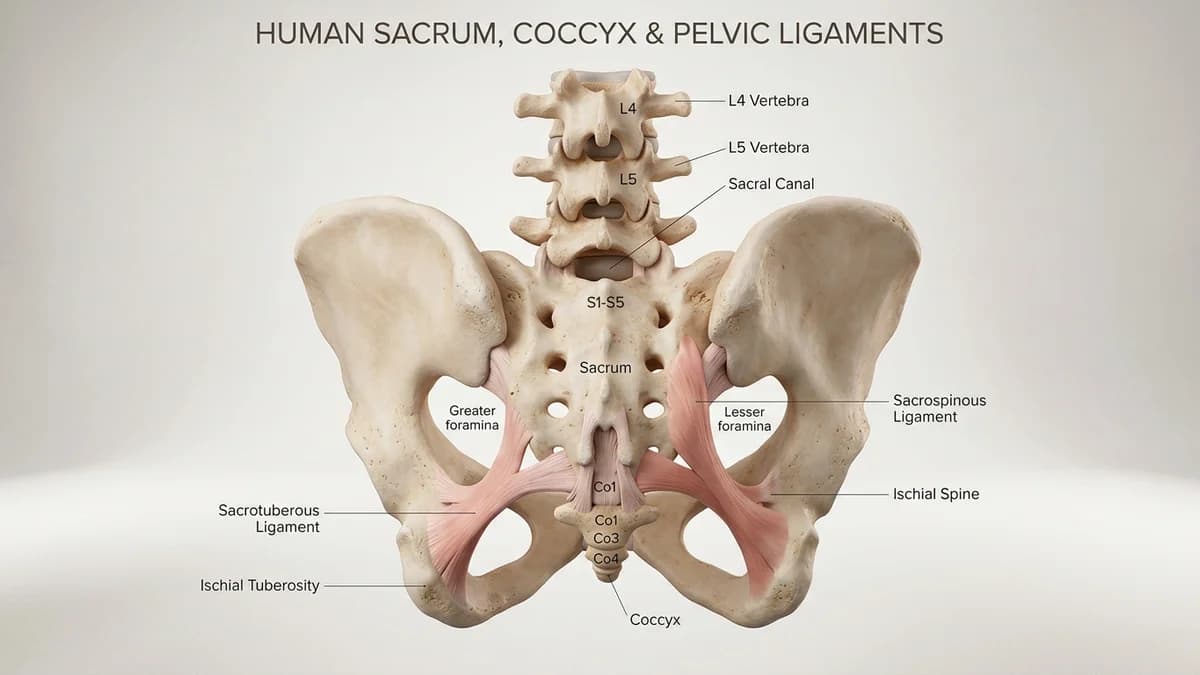 A 3D medical illustration showing the human sacrum, coccyx tailbone bones, and attaching pelvic floor ligaments.