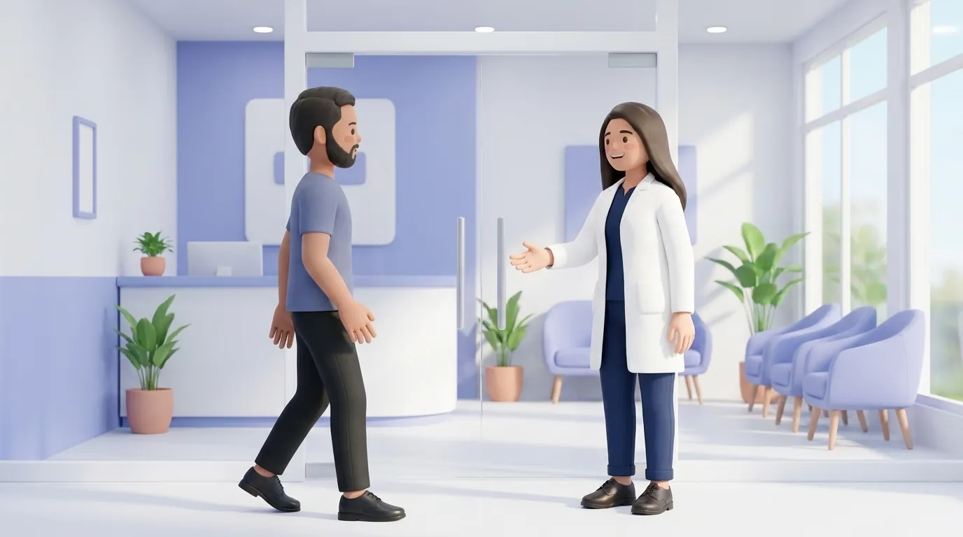A patient entering a modern physiotherapy clinic through open glass doors, warmly greeted by a female physiotherapist in an open white coat and navy scrubs.