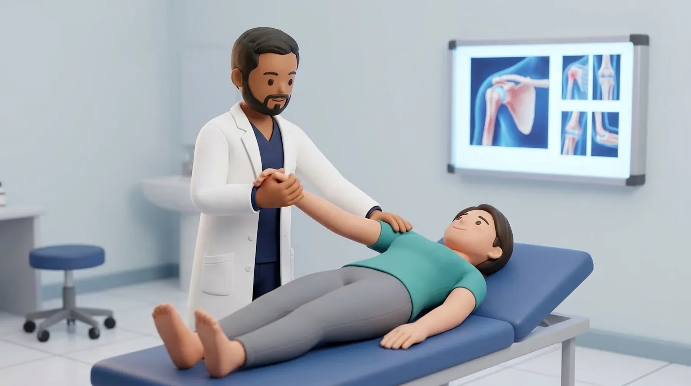 A physiotherapist conducting a hands-on physical assessment with an X-ray viewer in the background.