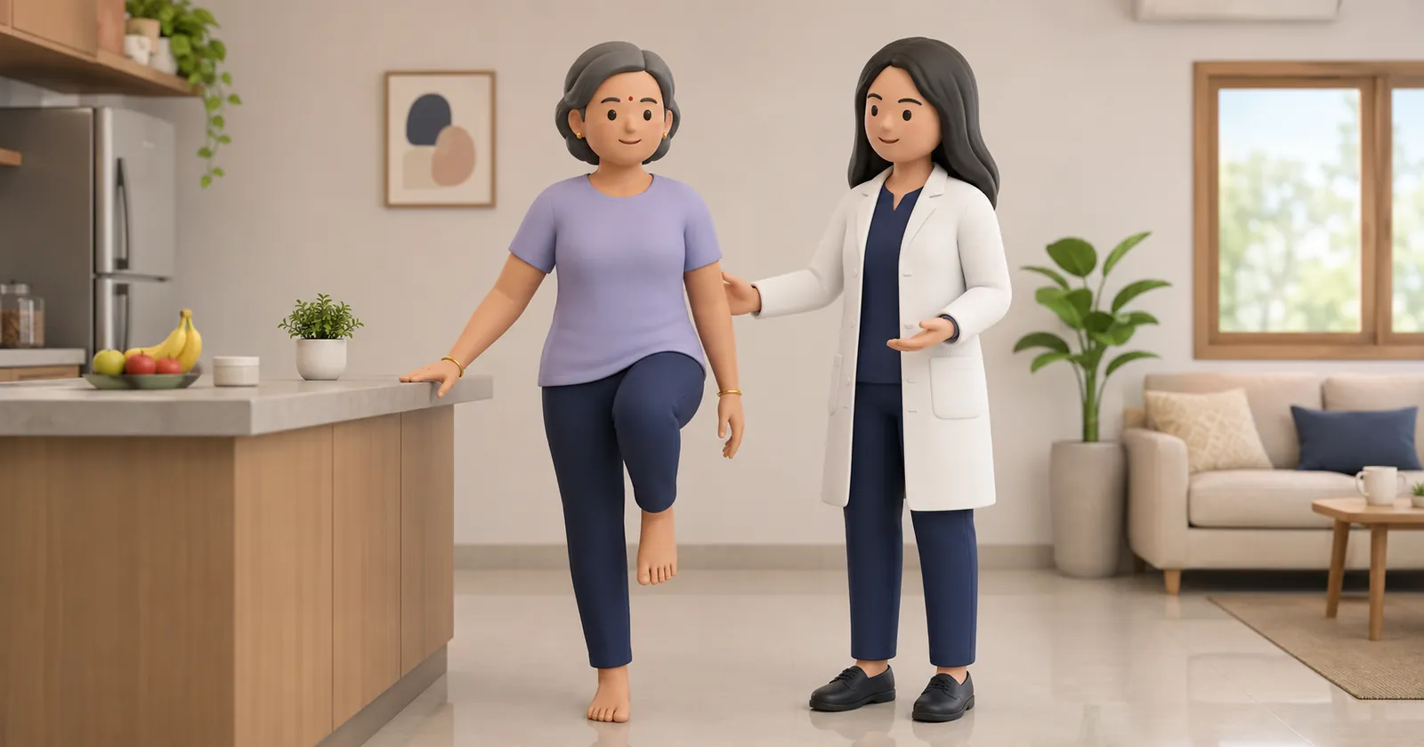 Older adult practising a single-leg balance exercise at home to lower their fall risk
