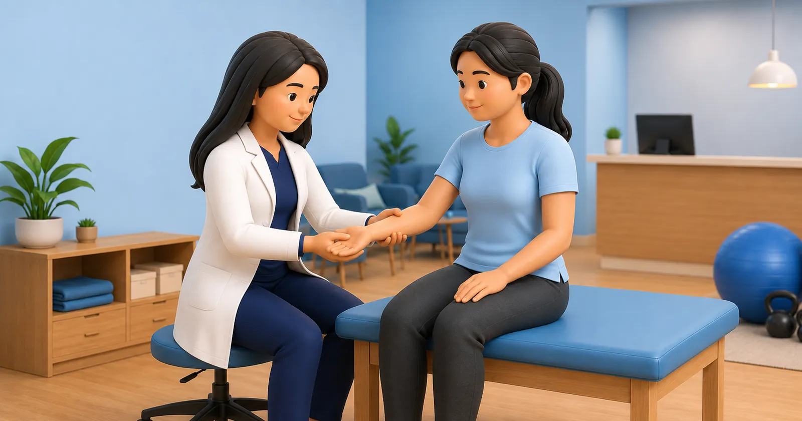 A physiotherapist assessing a patient at a first physiotherapy session, checking movement and agreeing a plan.