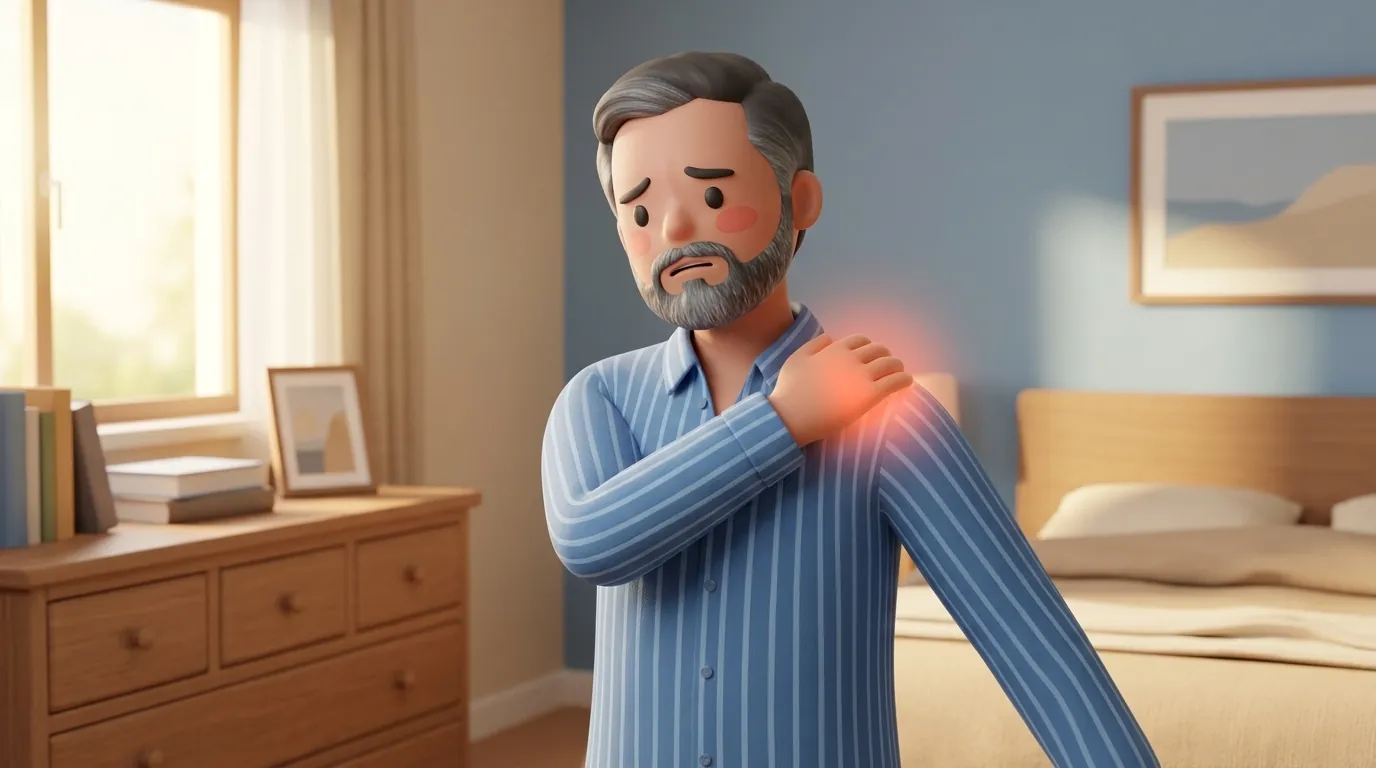 An Indian man in a bedroom holding a stiff shoulder in discomfort with a subtle coral pain glow.