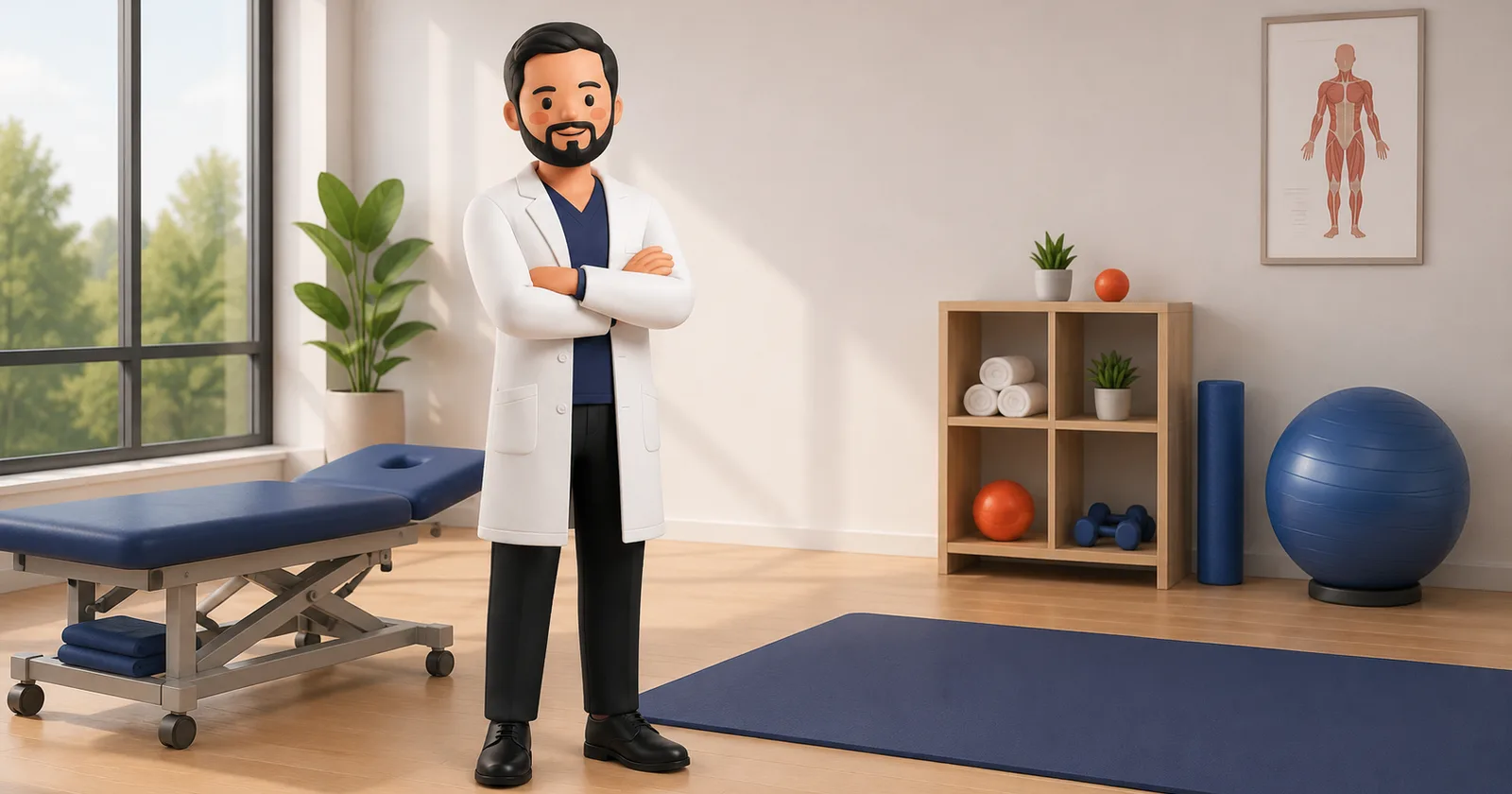 A confident physiotherapist standing in a modern clinic, ready to welcome new patients.