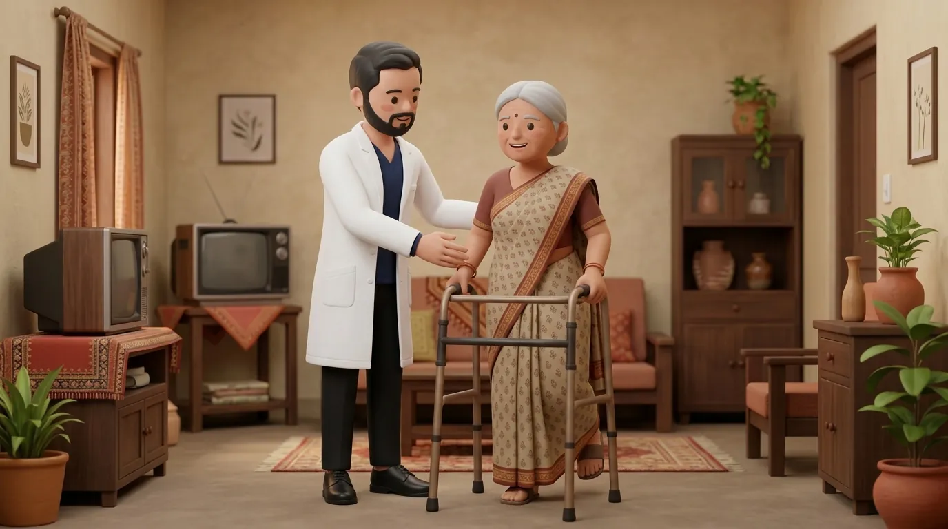A male physiotherapist helping an elderly Indian grandmother with a gentle standing balance exercise using a walker at home.