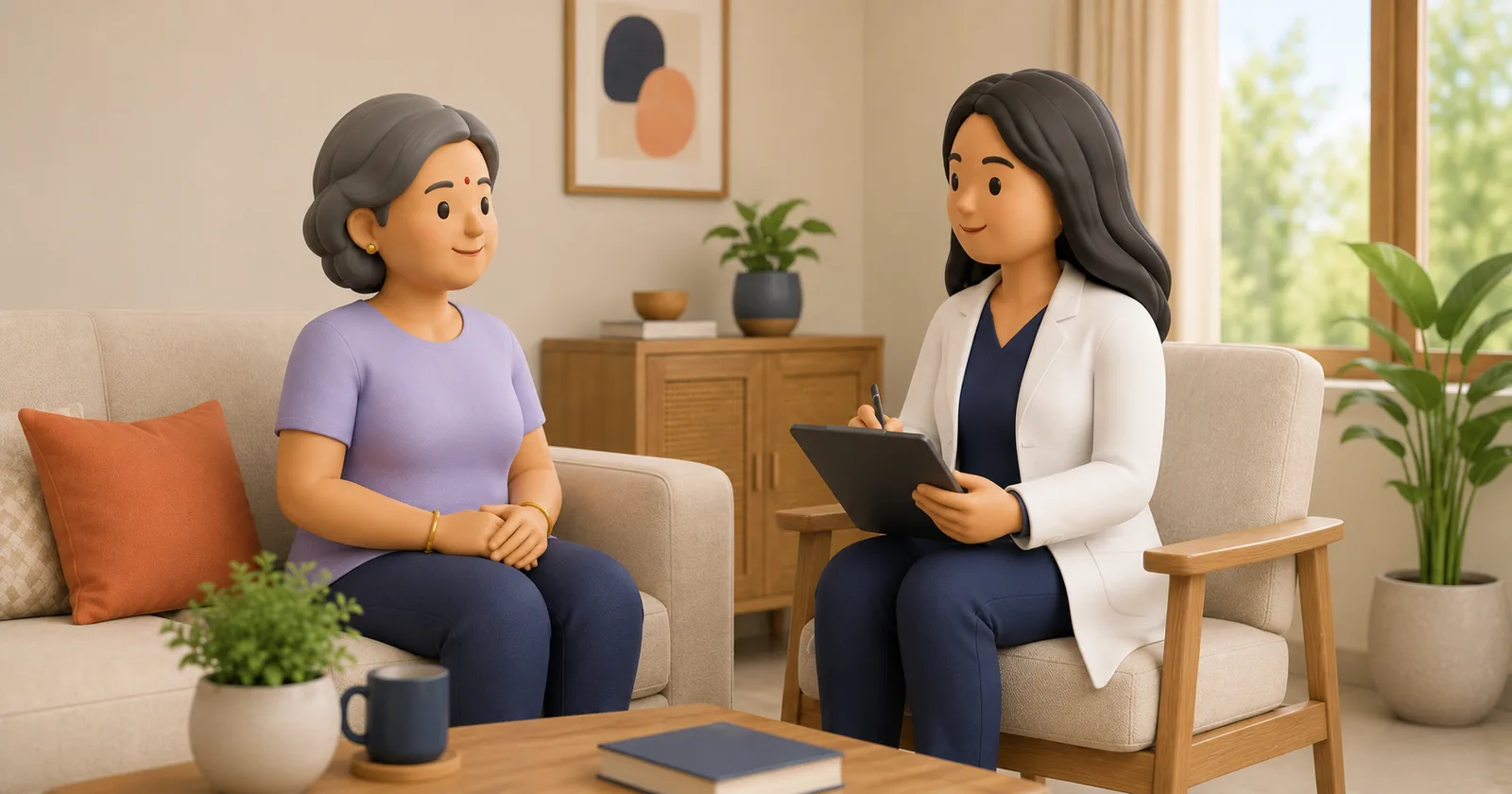 A physiotherapist talking with a patient and taking notes during a home-visit intake.