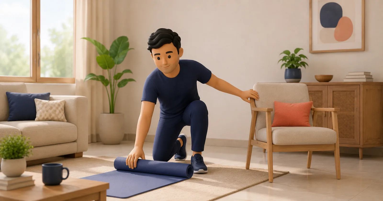 A person clearing a space and rolling out a mat to prepare for a home physiotherapy visit.