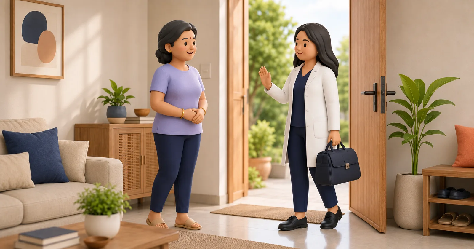 A physiotherapist arriving at a patient's home for a home visit, carrying a treatment kit.