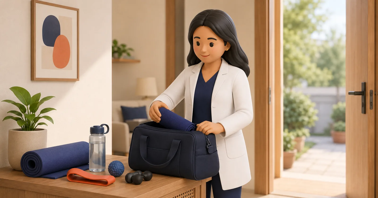 A physiotherapist packing a portable kit to start a home-visit practice.