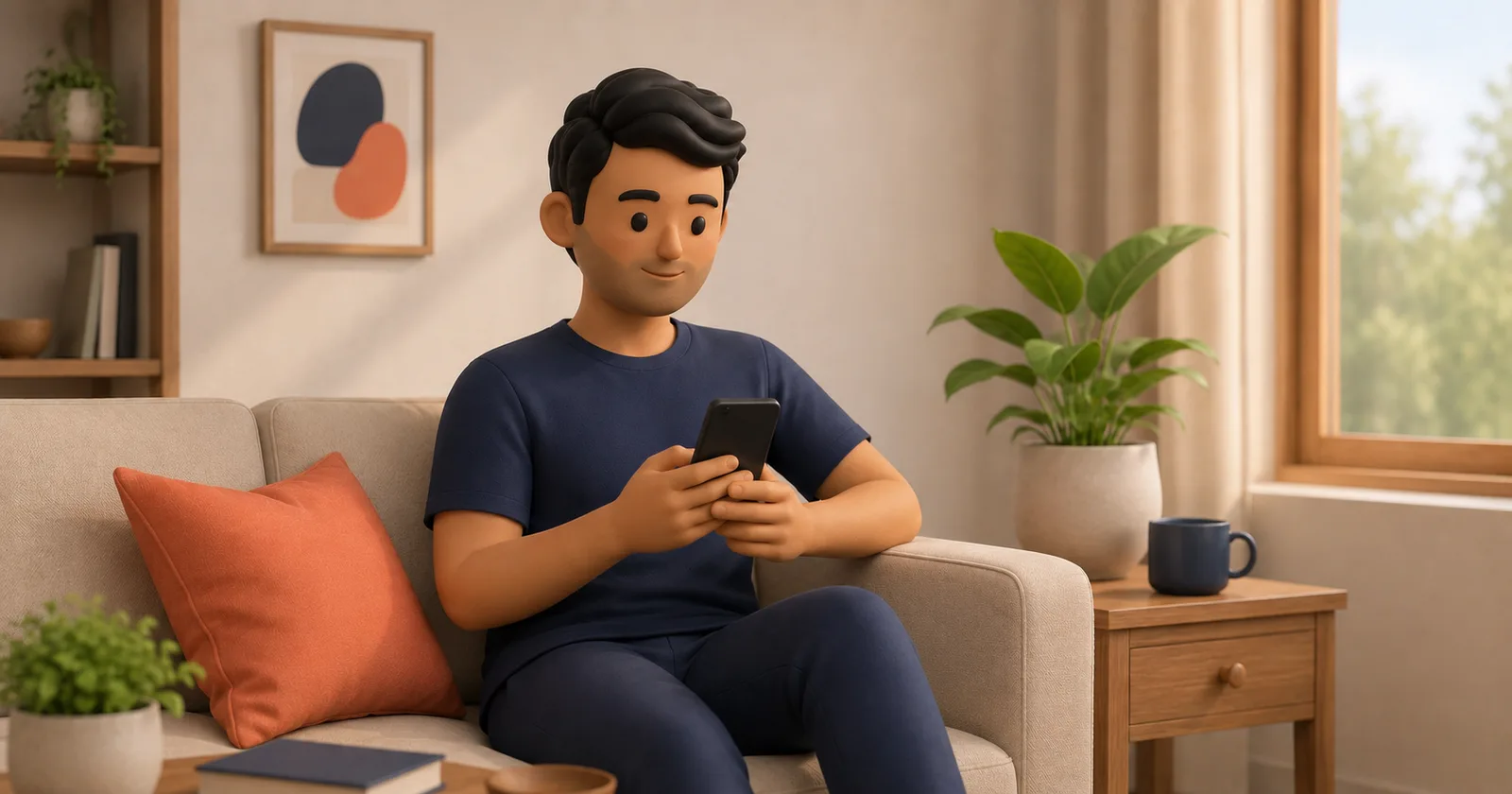 A person booking a physiotherapist on their phone from home, relaxed and confident.