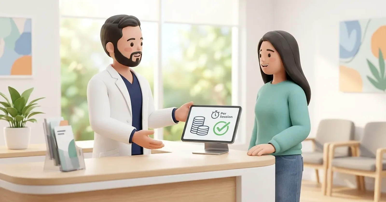 An independent physiotherapy clinic owner reviewing financial practice analytics and transparent treatment pricing models.