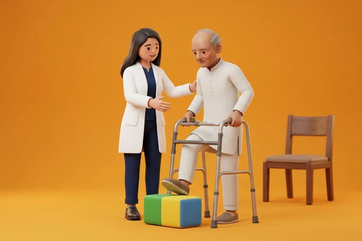 Elderly patient practicing stepping over foam balance blocks with a walker and physiotherapist support