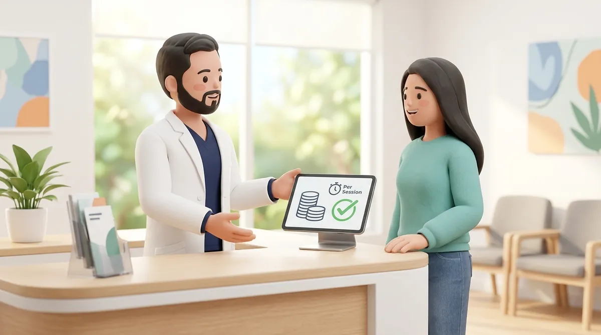 3D illustration of a transparent physiotherapy consultation and digital fee review at clinic reception in India