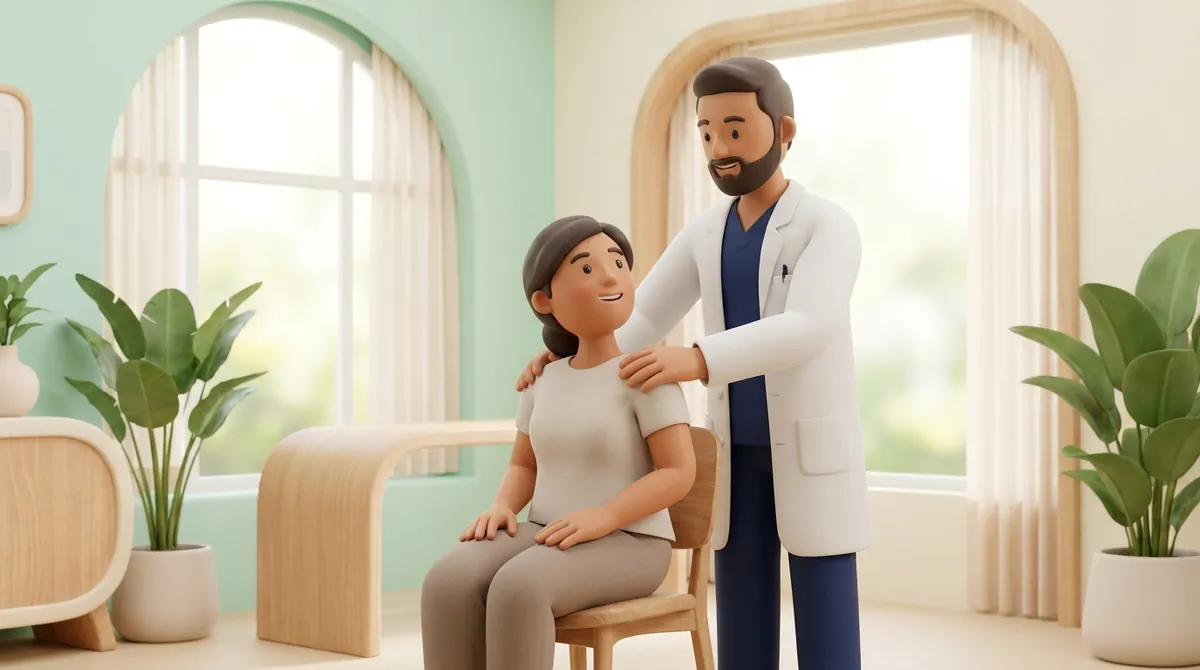 Physiotherapist conducting gentle shoulder elevation range of motion assessment on a patient in an Indian physiotherapy clinic