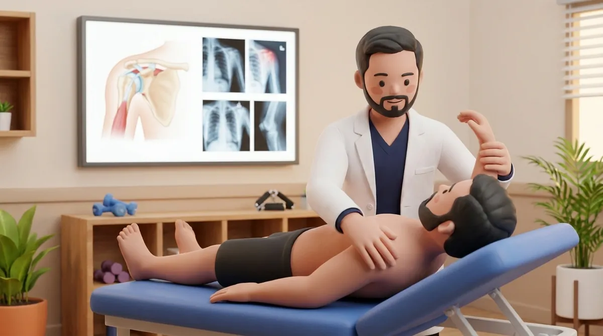3D illustration of an Indian physiotherapist performing a gentle hands-on shoulder joint assessment