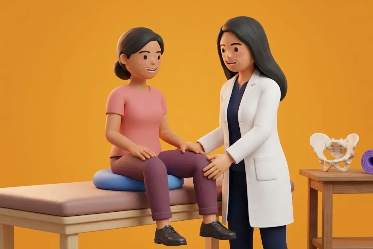 3D illustration of a pregnant patient performing a gentle seated adductor squeeze with cushion support