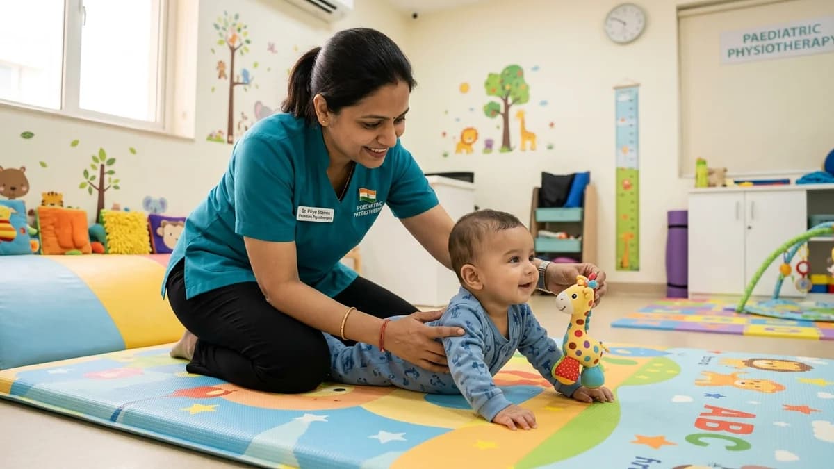A certified paediatric physiotherapist gently guiding an infant during tummy time play on a colourful mat.