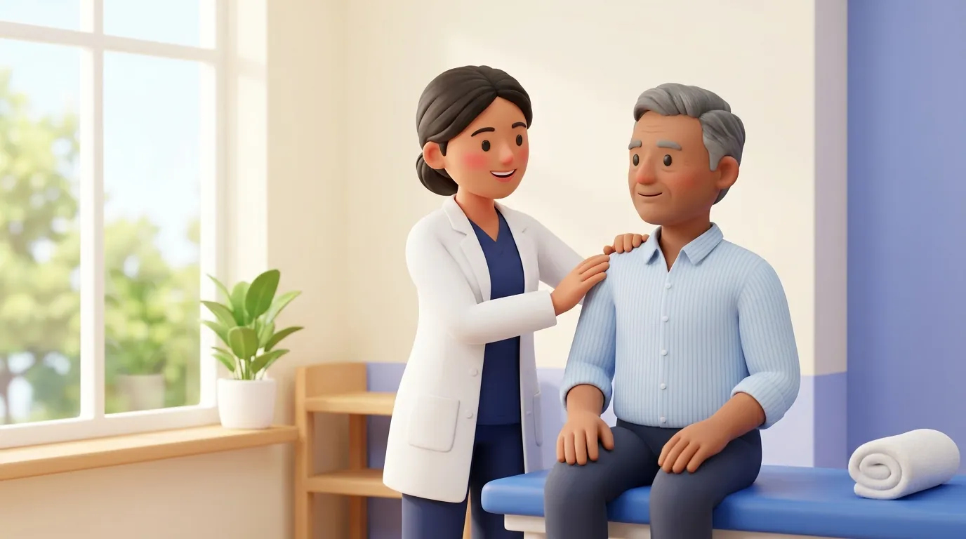 An Indian physiotherapist speaking reassuringly with a patient seated on a clinic plinth.