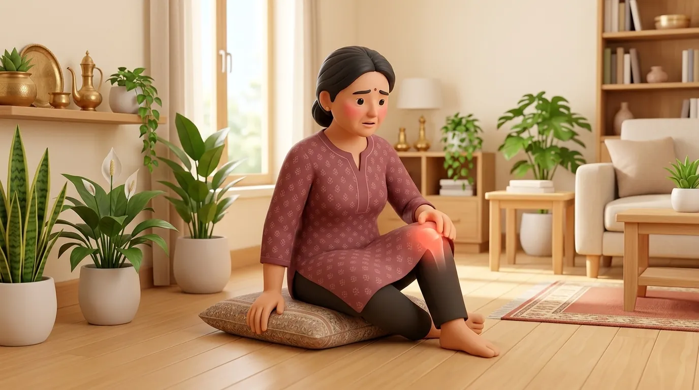 An Indian woman sitting on a living room floor cushion in discomfort with a knee pain glow.