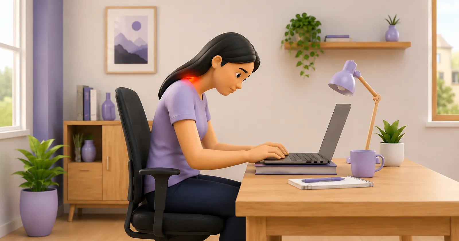 Person hunched over a laptop showing the forward-head posture that leads to screen-related neck pain