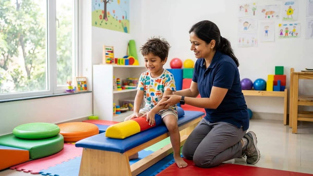 A paediatric physiotherapist gently performing passive ankle and knee stretching with a young boy with muscular dystrophy.