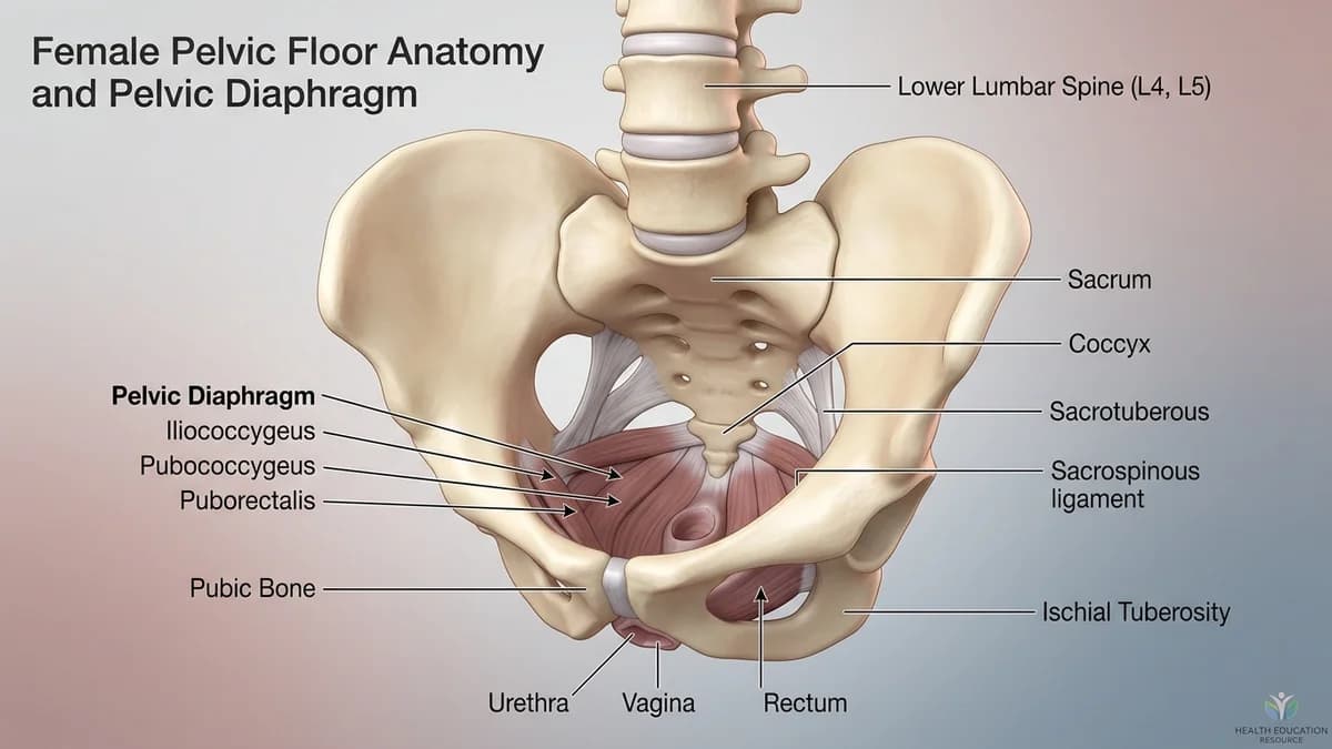 A 3D anatomical illustration showing the female pelvic floor muscles and pelvic diaphragm supporting the pelvic organs.