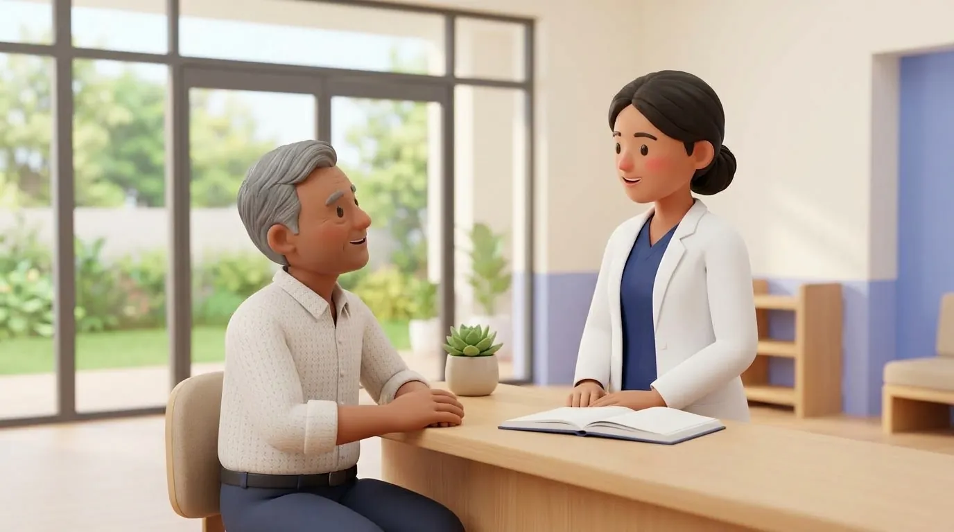 A physiotherapist and patient having a transparent consultation discussion across a wooden clinic reception counter.