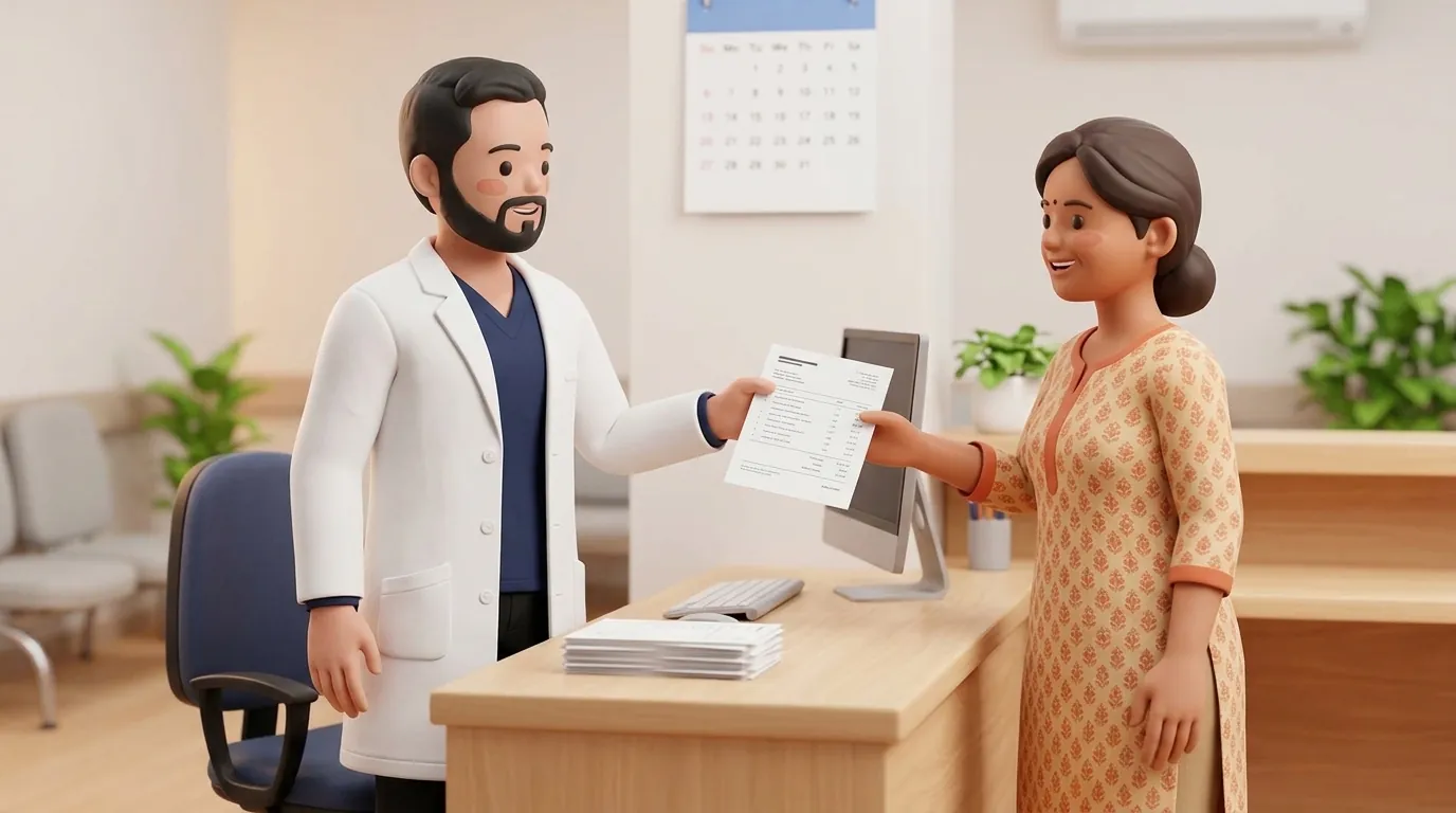 A physiotherapist handing an itemized registration-stamped receipt to a patient after a session.