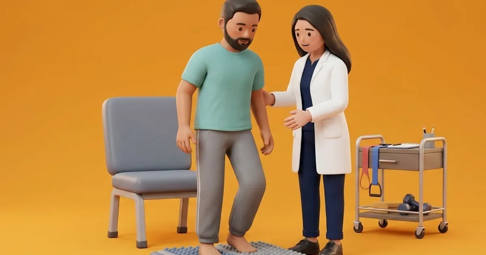 A paediatric physiotherapist evaluating a toddler's ankle dorsiflexion and foot-flat standing posture.