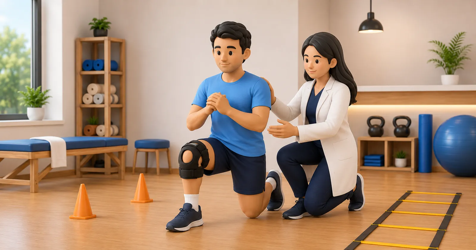 Athlete doing guided rehabilitation exercises with a physiotherapist before returning to sport