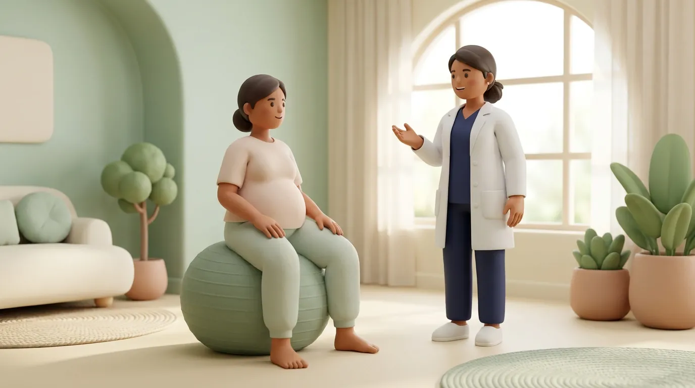 An expectant Indian mother seated on an exercise ball receiving gentle pelvic guidance from a physiotherapist.