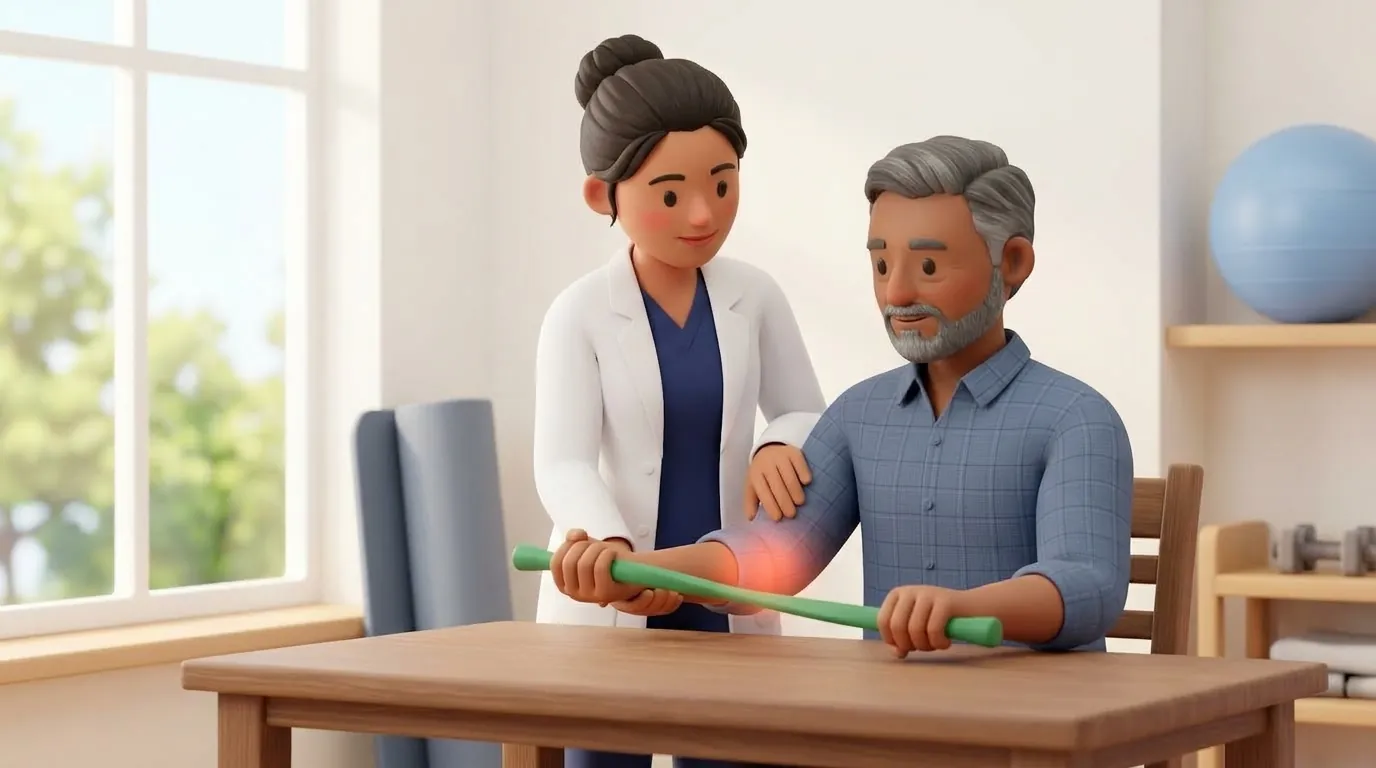 An Indian physiotherapist guiding a patient through wrist extensor tendon rehabilitation exercises.