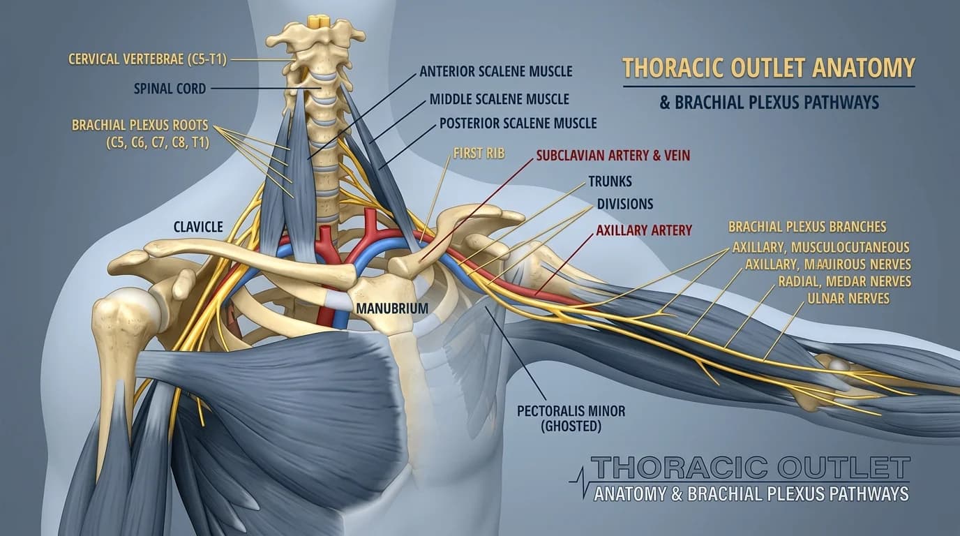 A clinical diagram and physiotherapist performing gentle anterior scalene manual release and first rib depression for thoracic outlet syndrome.