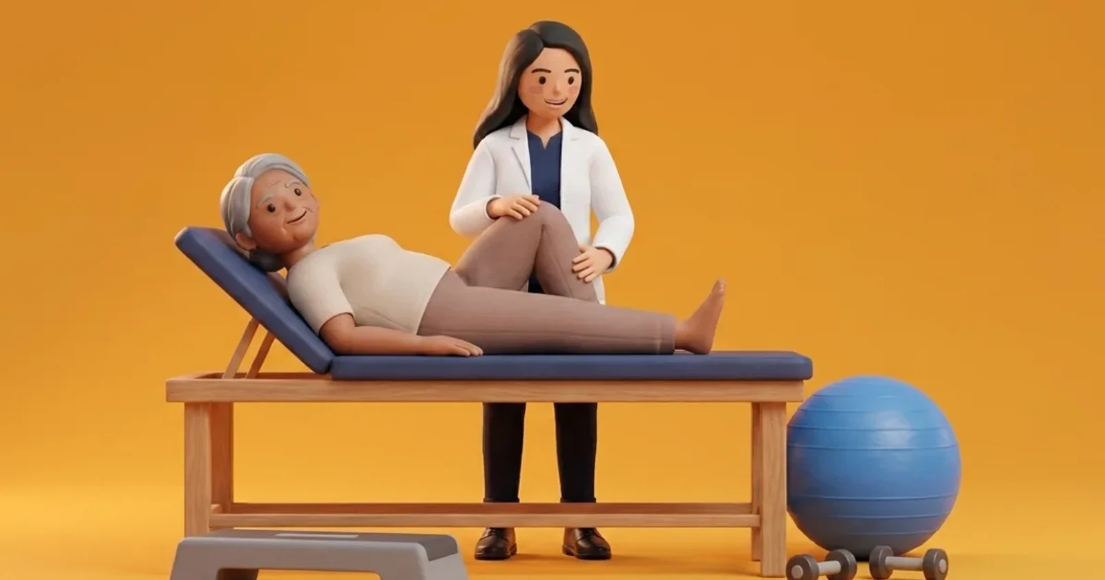 A post-operative patient practicing guided heel slides and quadriceps sets under the supervision of a home physiotherapist.
