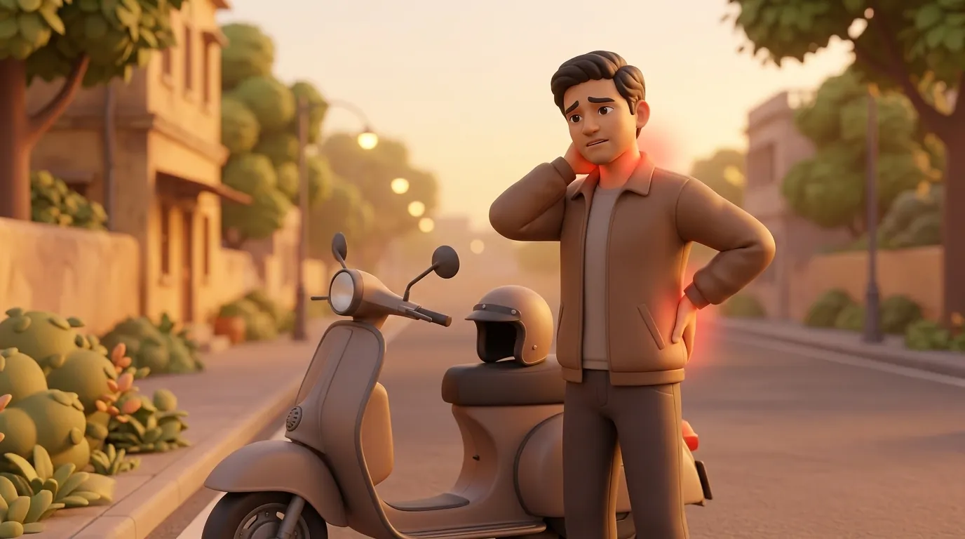 An Indian commuter pausing on a city roadside with a scooter, experiencing neck and lower back discomfort.