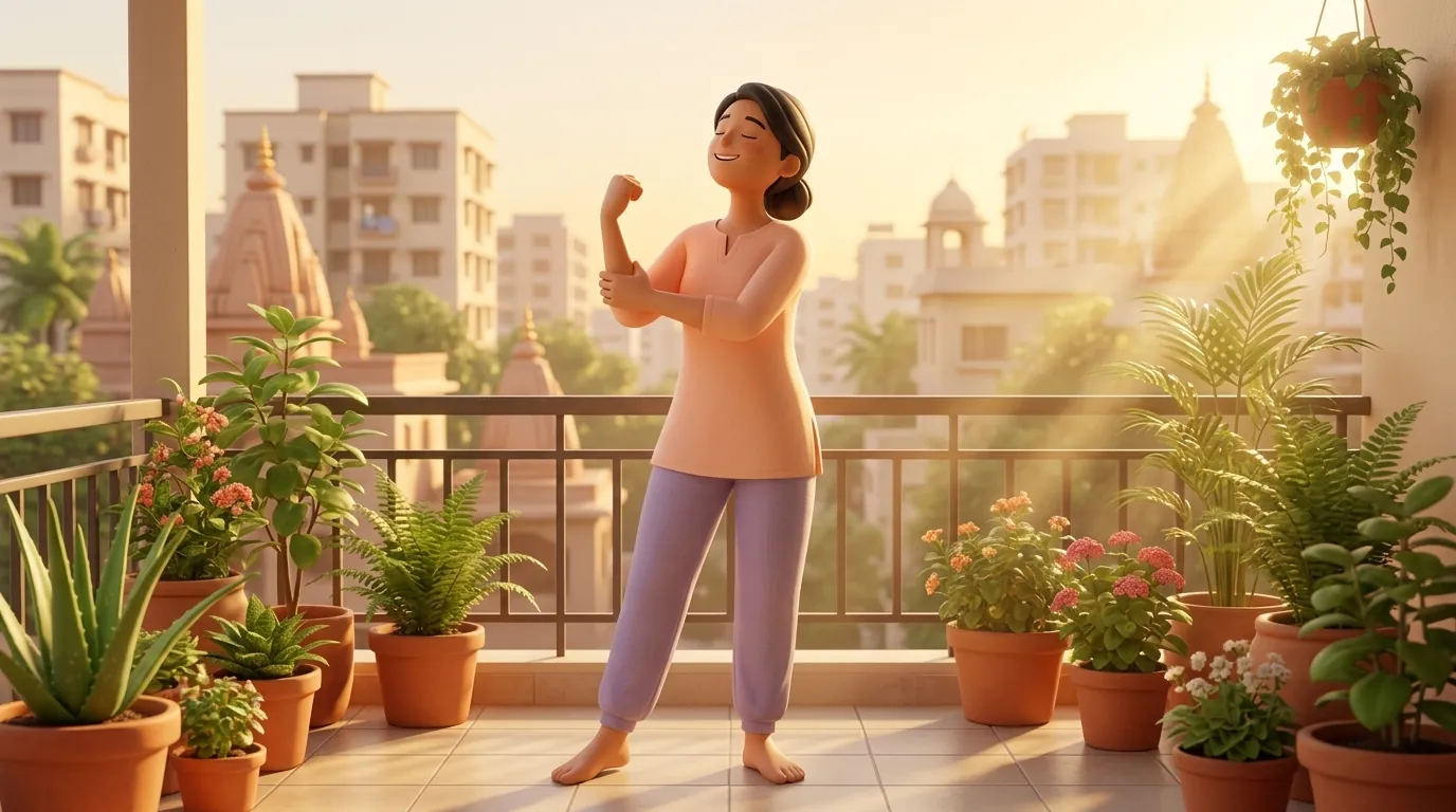 An Indian woman standing on a sunny apartment balcony in morning sunlight, stretching her arms and joints.