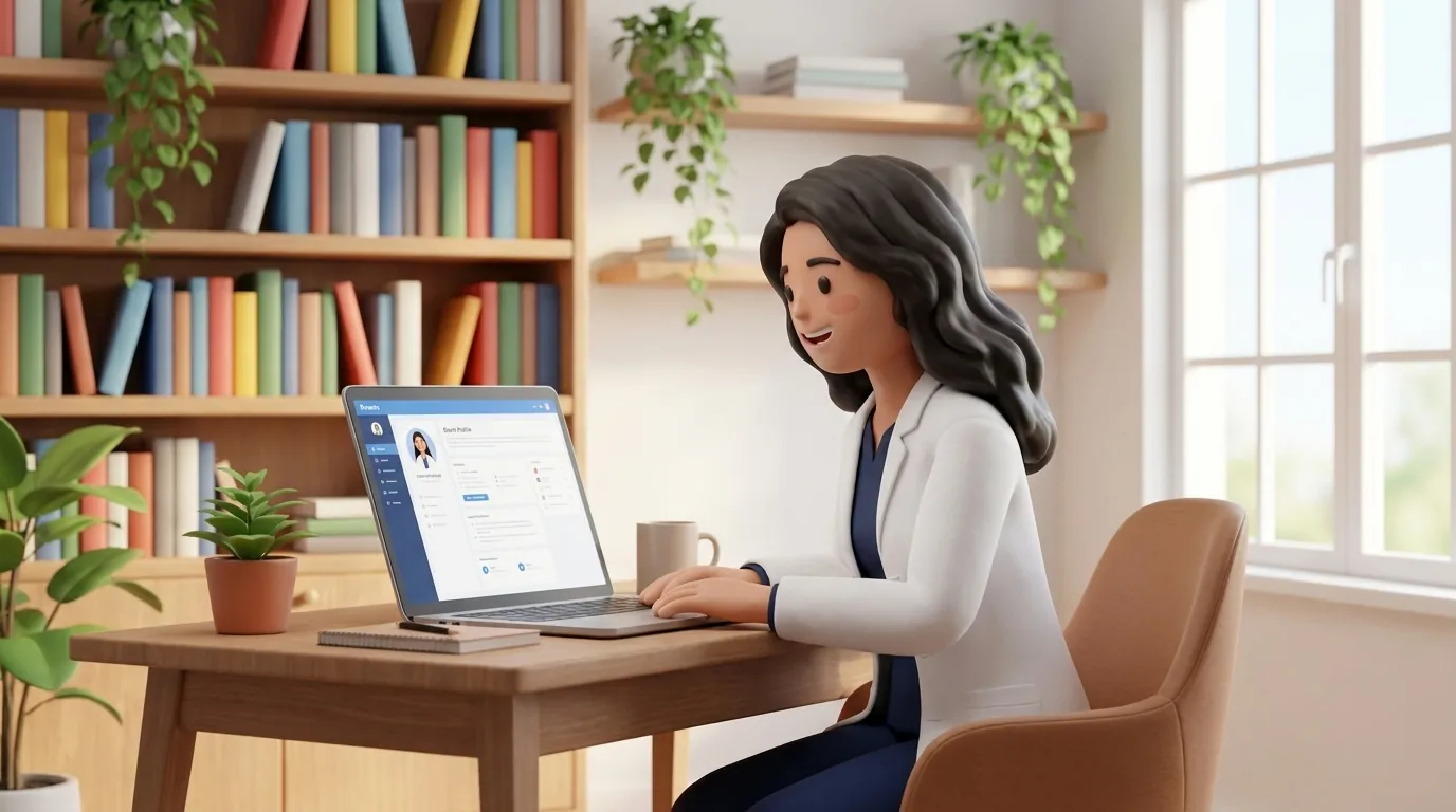 A physiotherapist organizing clinical credentials and treatment specialties on a laptop workstation.