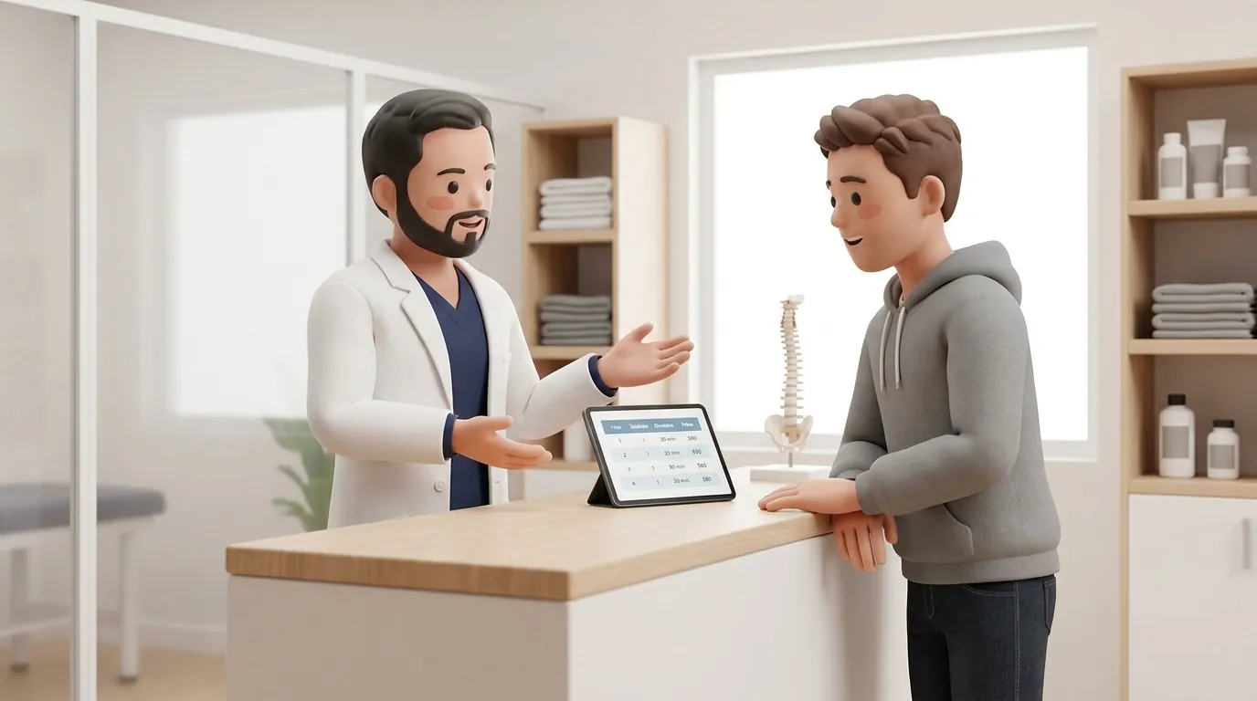 A patient and physiotherapist discussing clear, transparent session pricing at a clinic reception.