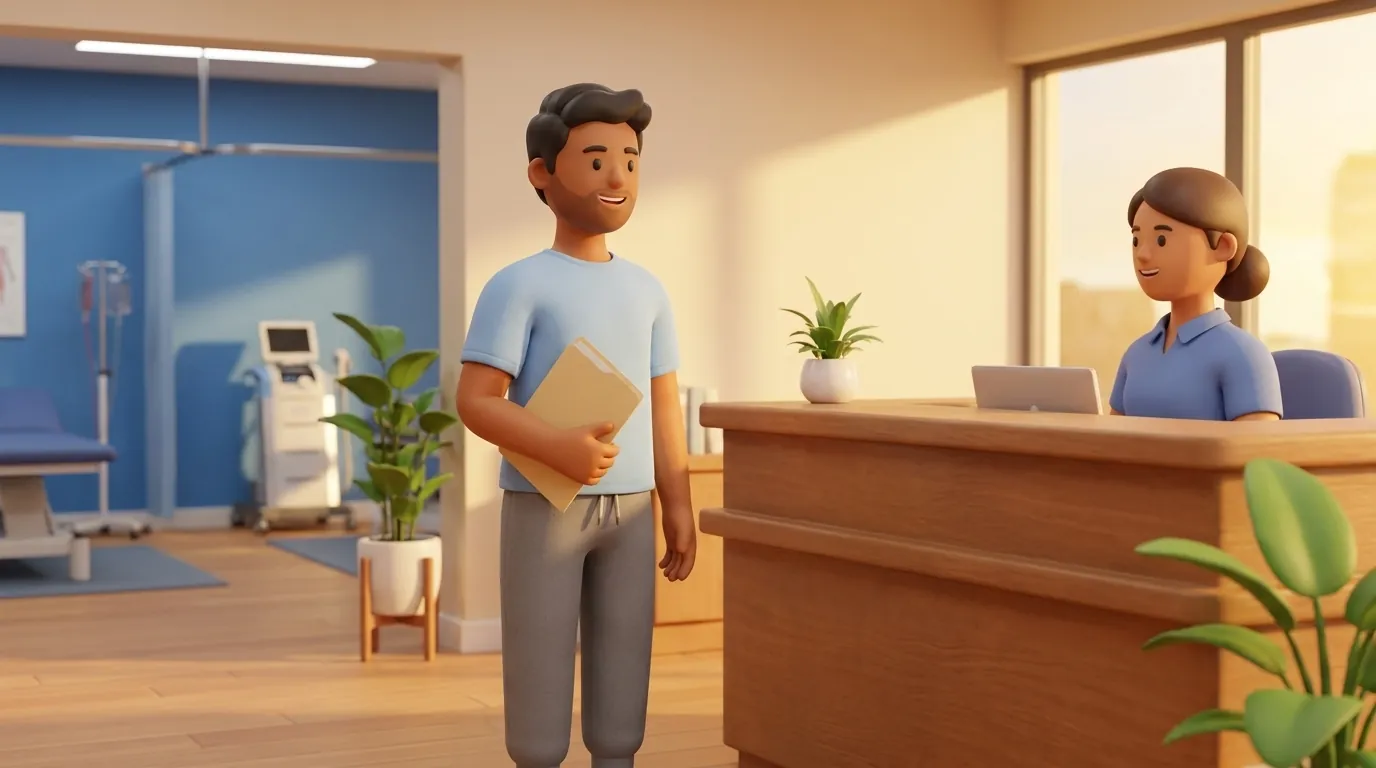 An Indian patient ready for a physiotherapy session wearing comfortable athletic clothes and holding medical reports.