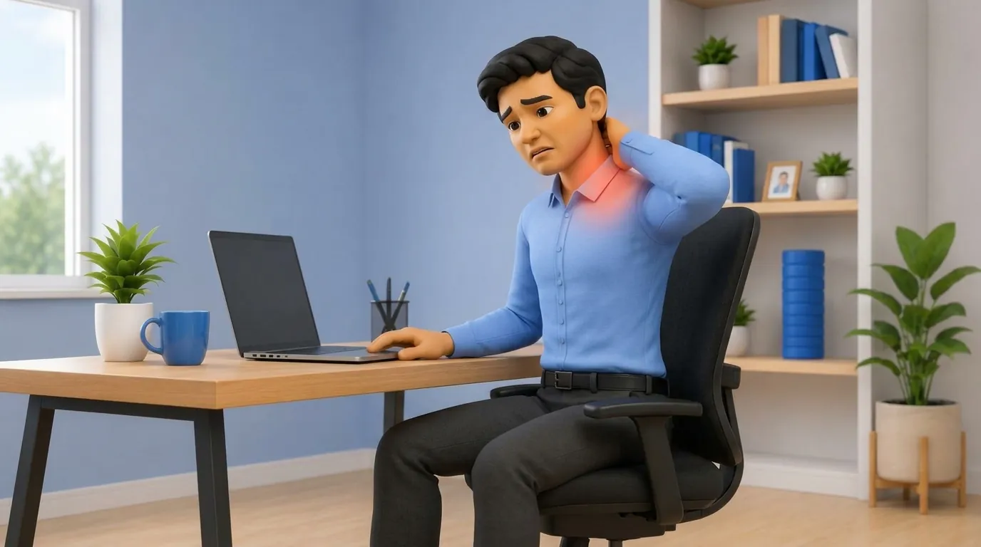 An Indian IT professional working at a home office desk, experiencing neck and upper back strain.