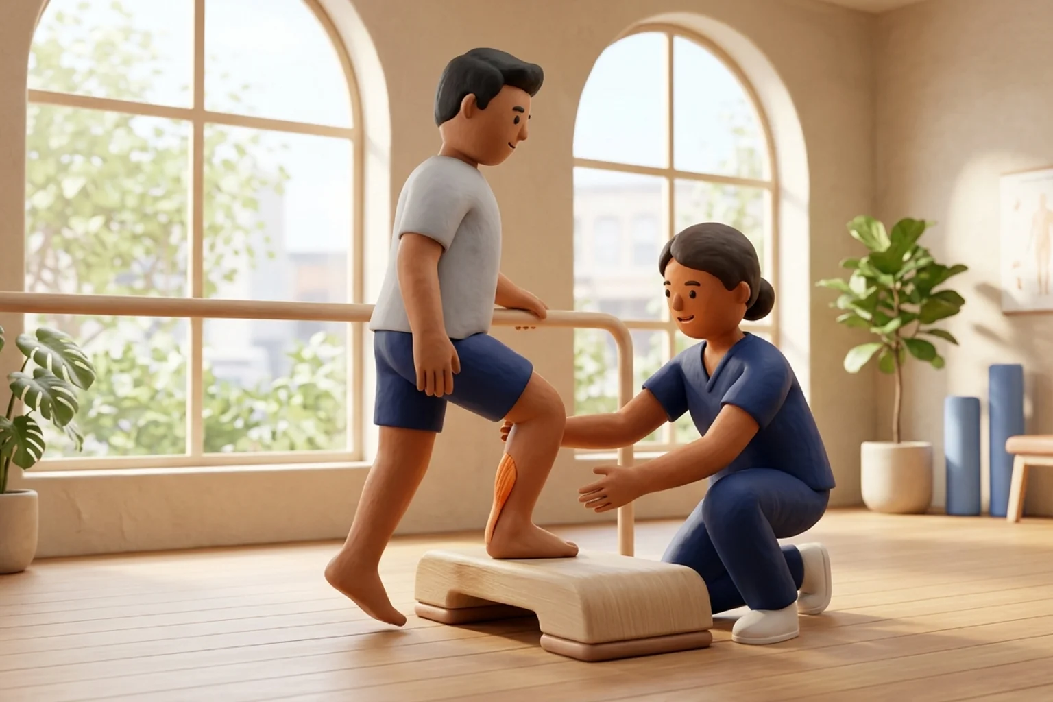 3D clinical illustration showing physiotherapy rehabilitation for Achilles Tendinopathy in India