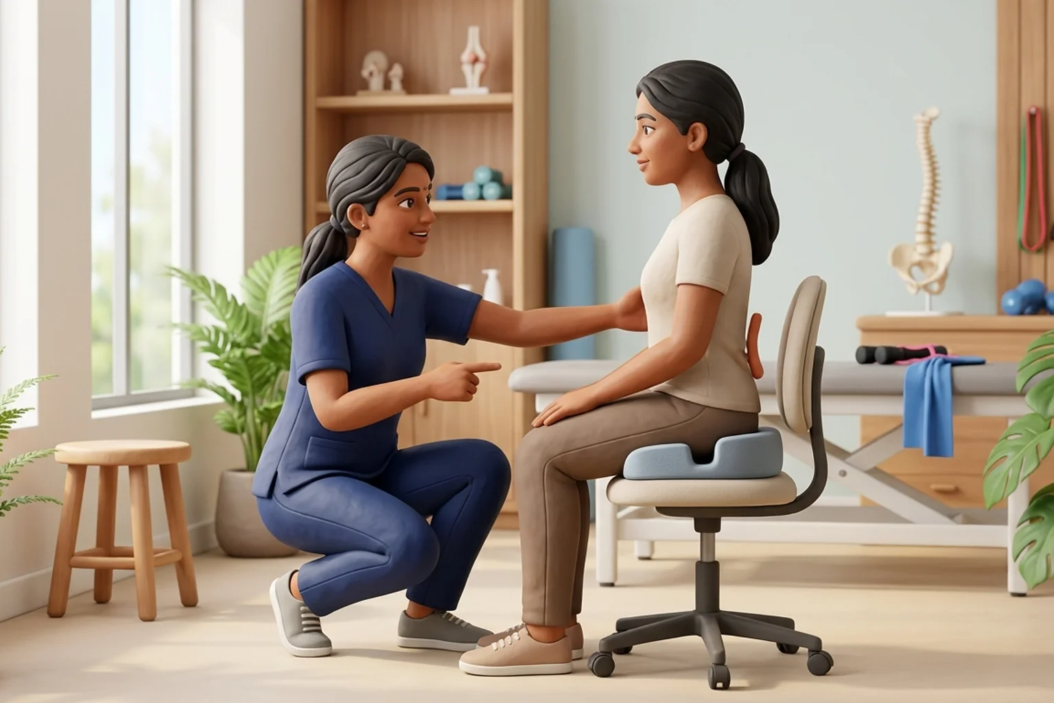 3D clinical illustration showing physiotherapy rehabilitation for Coccydynia in India