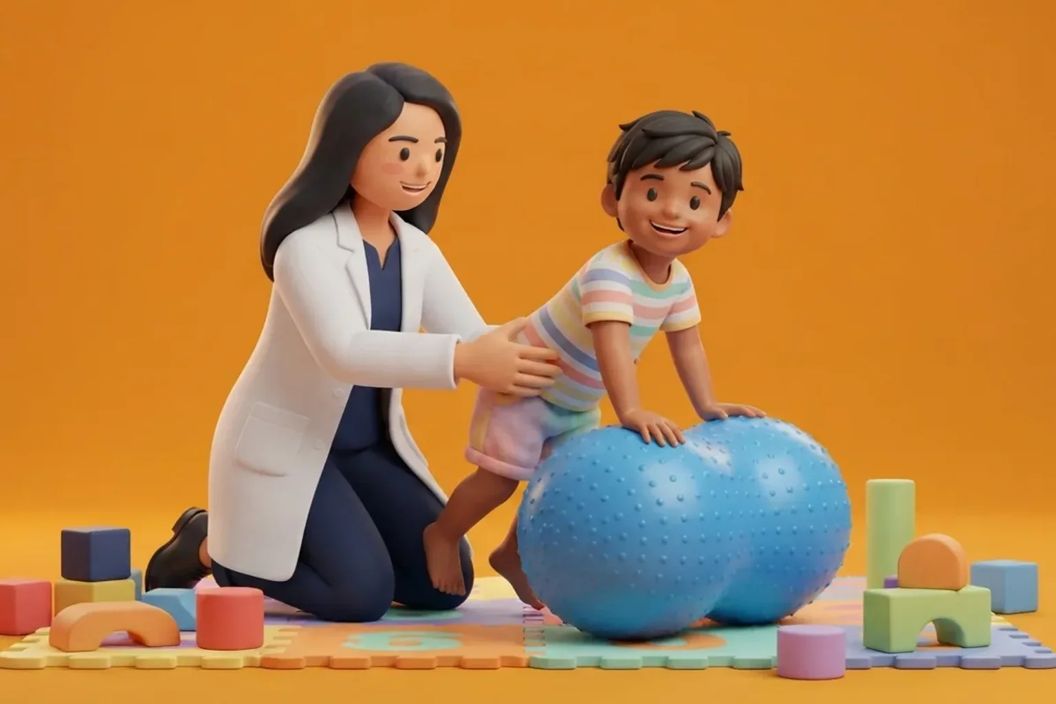 3D clinical illustration showing physiotherapy rehabilitation for Down Syndrome in India