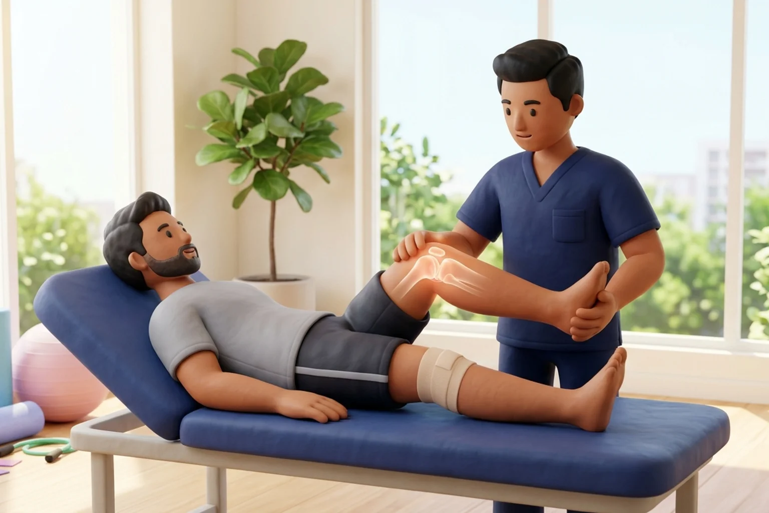 3D clinical illustration of physiotherapy care for Meniscus Tear in India