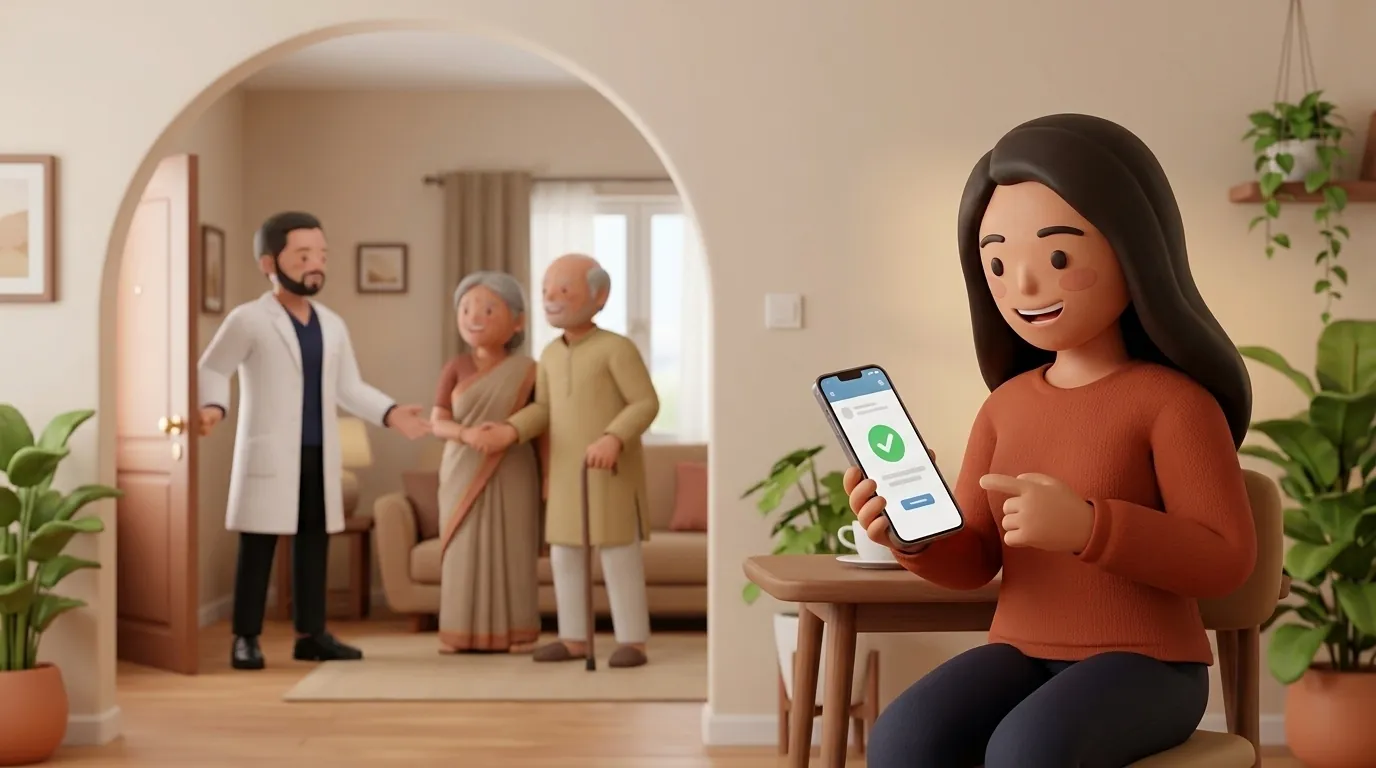 A daughter booking physiotherapy on her phone while a physio visits her elderly parent in a distant city.
